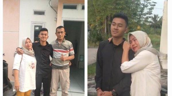 LOLOS BINTARA - Foto kolase Oktamansa Dwi Tricahyo bersama kedua orang tua dan bersama ibunya yang menangis haru. Okta yang merupakan anal buruh pabrik sepatu di Tangerang, akhirnya lolos masuk Bintara Polri Polda Banten setelah sempat dua kali gagal. Okta panggilan akrabnya mencuri perhatian karena diketahui anak dari seorang buruh pabrik sepatu di Tangerang. 