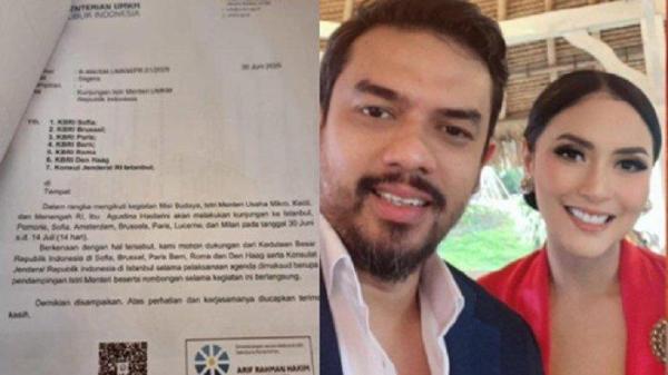 ISTRI MENTERI UMKM -- (kiri) Surat menggunakan kop Kementerian Usaha Mikro, Kecil, dan Menengah ( UMKM ) Republik Indonesia kepada KBRI di Eropa yang isinya meminta fasilitas didampingi oleh pihak Kedubes untuk keliling Eropa. (kanan) Menteri UMKM Maman Abdurrahman dan istrinya, Agustina Hastarini.