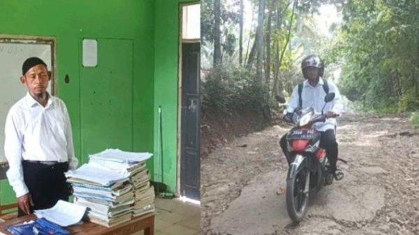 HONORER - Potret Saryono, seorang guru honorer di Sukabumi. Pria 55 tahun hanya dibayar Rp530 ribu per 3 bulan dan kini berharap diangkat jadi PNS. Setia phari ia ke sekolah naik motor bekas yang ia beli 3 tahun lalu untuk menempuh perjalanan sejauh 7 kilometer atau sekitar 30 menit untuk sampai ke sekolah. 
