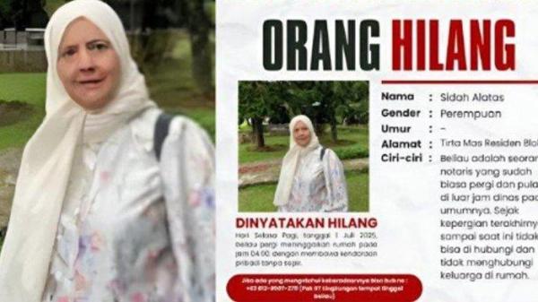 KASUS KEMATIAN NOTARIS BOGOR - Hilang Sejak 1 Juli 2025, Sidah Alatas, Notaris di Bogor Ditemukan Meninggal Dunia di Bekasi . Notaris Senior Sidah Alatas diduga janjian dengan seseorang, berangkat kerja Subuh, hilang 3 hari, jenazahnya ditemukan di Sungai Citarum.
