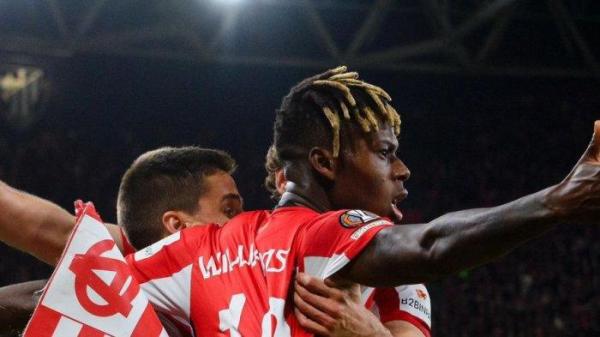 RAYAKAN GOL - Nico Williams dari Athletic Bilbao merayakan gol, foto d capture dari X.Com pada 4 April 2025. Unai Emery berhasil membuat beberapa perekrutan penting untuk Arsenal di Liga Inggris satu  Gabriel Martinelli yang lebih berharga dari Nico Williams