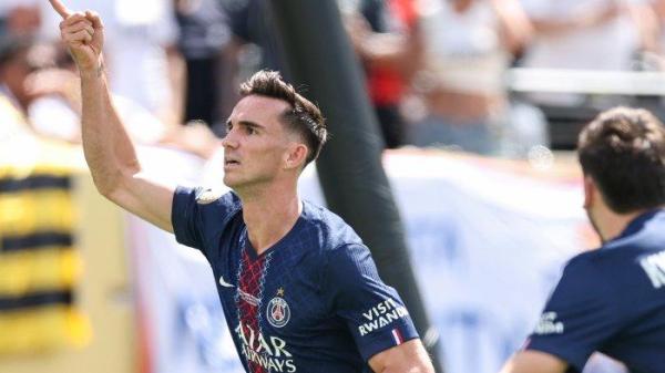 Selebrasi penyerang Paris Saint-Germain (PSG), Fabrian Ruiz saat melawan Real Madrid