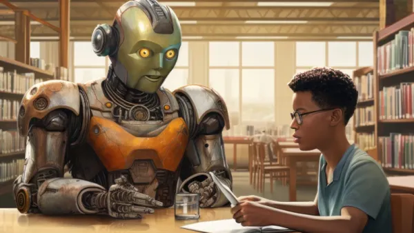 kid hanging out with robot AI in Education