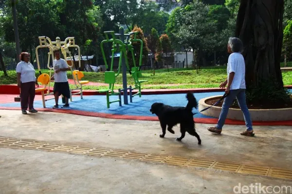 Sejumlah warga memanfaatkan Taman Mataram yang terletak di Jalan Mataram, Kebayoran Baru, Jakarta Selatan, Jumat (17/1/2020). Beberapa pekerja terus melakukan penyelesaian pembangunan renovasi Taman Mataram.