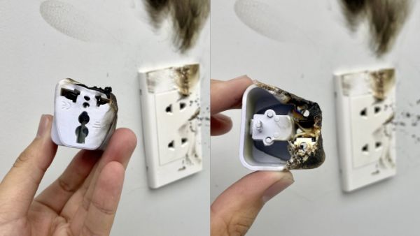 Phích cắm chuyển đổi cháy và biến dạng sau khi sạc xe điện. Ảnh: Nguyễn Hùng Đăng Kho