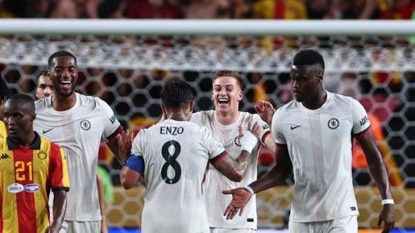 SELEBRASI - Selebrasi penyerang Chelsea, Liam Delap (dua dari kanan) setelah mencetak gol debut saat melawan Es Tunis di Piala Dunia Antarklub 2025, Rabu (25/6/2025) pagi WIB. Chelsea menang dengan skor 3-0.