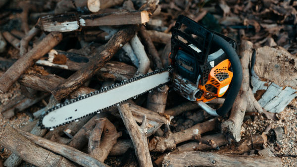 A STIHL chainsaw sitting on top of wooden branches