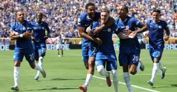 PERAYAAN GOL - Momen para pemain merayakan gol Cole Palmer (tengah) pada pertandingan Final Piala Dunia Antarklub 2025 antara Chelsea vs Paris Saint-Germain (PSG) di MetLife Stadium, New Jersey, Senin (14/7/2025). Chelsea menang 3-0.