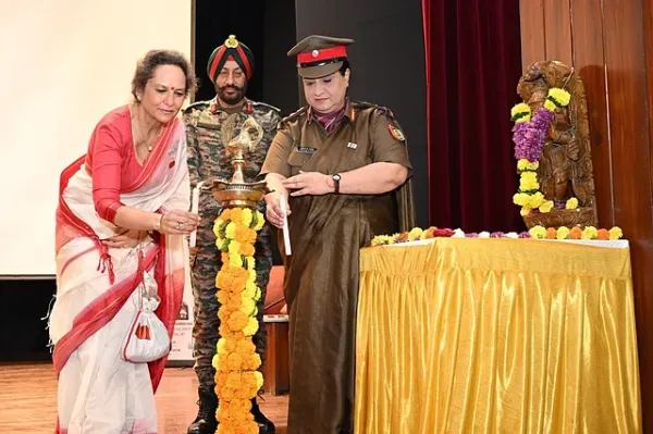 Col. Dr. Hemlata K. Bagla along with Mrs. Radhika Anand and Maj. Gen. Yogendra Singh, lighting the ceremonial lamp, marking the beginning of a meaningful journey towards sustainability and environmental stewardship