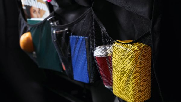a close up of a storage organizer in a car