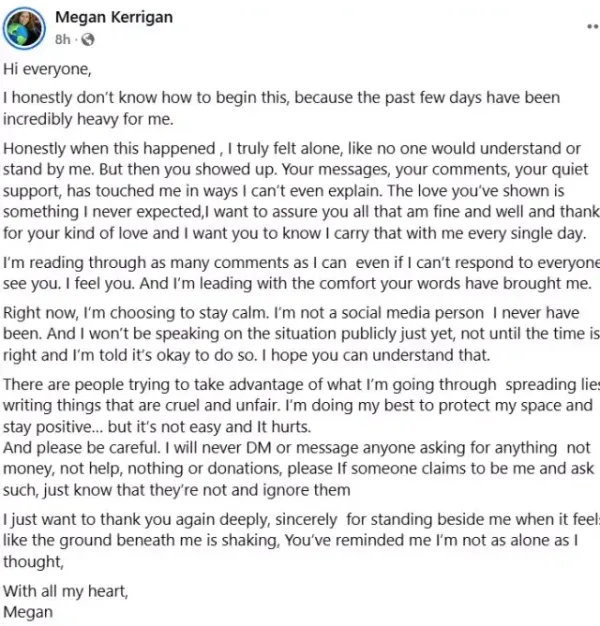 Megan Kerrigan's viral statement on Facebook. Authenticity of the post is still in question. Megan Kerrigan's viral statement on Facebook. Authenticity of the post is still in question.