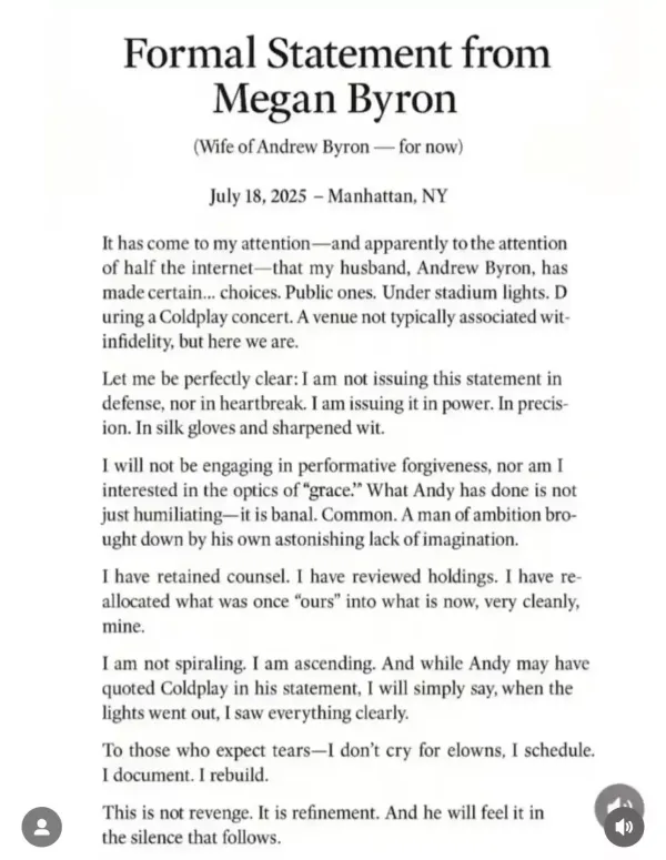Megan Byron statement's screenshot about viral Coldplay concert video showing husband Andy Byron and Kristin Cabot Megan Byron statement's screenshot about viral Coldplay concert video showing husband Andy Byron and Kristin Cabot
