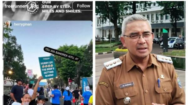 BAGI-BAGI BIR  - Komunitas lari Freerunners Bandung memberikan klarifikasinya terkait peristiwa bagi-bagi bir di ajang lari Marathon di Bandung. (Instagram Freerunners Bandung dan Kompas.com/Putra Prima Perdana).