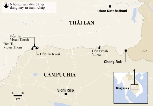 Vị trí đền Ta Muan Thom cùng các đền tranh chấp giữa Campuchia và Thái Lan. Đồ họa: CNA