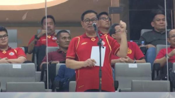 Gubernur DKI Jakarta, Pramono Anung saat memberikan sambutan acara launchinf Persija Jakarta di Jakarta International Stadium (JIS), Jakarta, Sabtu (26/7/2025).