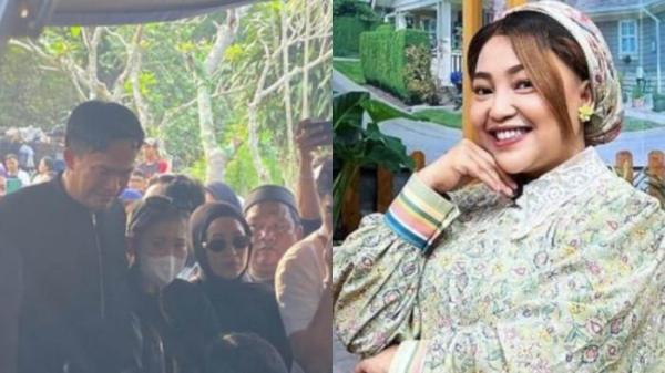 TATAPAN KOSONG - Foto suasana pemakaman Mpok Alpa (kiri). Ajie Darmaji atau Bang Idung, suami Mpok Alpa, terlihat lemas dan tak berdaya saat sang istri meninggal dunia. Ia bahkan dipapah saat keluar dari mobil jenazah dan pemakaman.