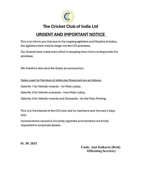 The official notice was released by CCI in Mumbai.