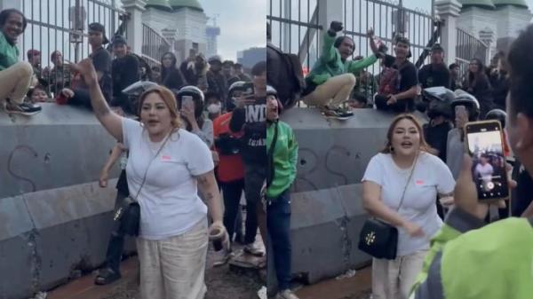 IKUT DEMO - Aksi selebgram Lisa Mariana di Gedung DPR RI bersama massa unjuk rasa dicapture Minggu (31/8/2025). Ramai dikaitkan dengan Ridwan Kamil oleh warganet.