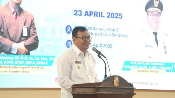 Bupati Deli Serdang, dr Asri Ludin Tambunan, ketika memberikan kata sambutan di salah satu acara di aula Kantor Bupati beberapa waktu lalu. Pemkab Deli Serdang angkat bicara terkait kehebohan pemberitaan anggaran khusus 200 miliar.