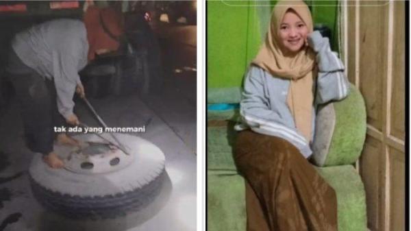 Tangkapan layar akun TikTok @wanitakuat355 pada Minggu (1/6/2025). Kisah wanita di Surabaya banting tulang jadi tukang tambal ban truk karena suami patah tulang.