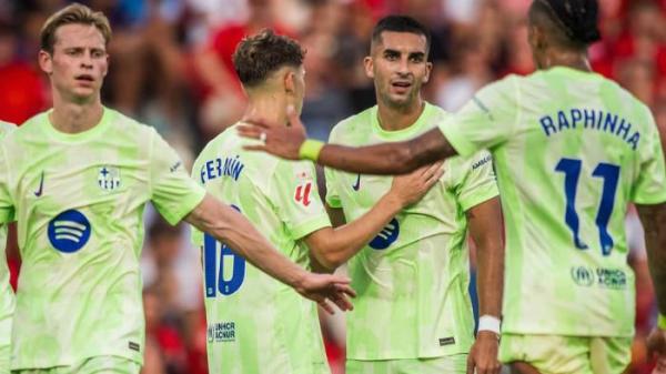SELEBRASI BARCELONA - Pemain Barcelona merayakan gol ke gawang Mallorca pada pertandingan pekan pertama Liga Spanyol 2025/2026 di Estadi Mallorca Son Moix, Minggu (17/8/2025). (Instagram Barca - 17/8/2025)
