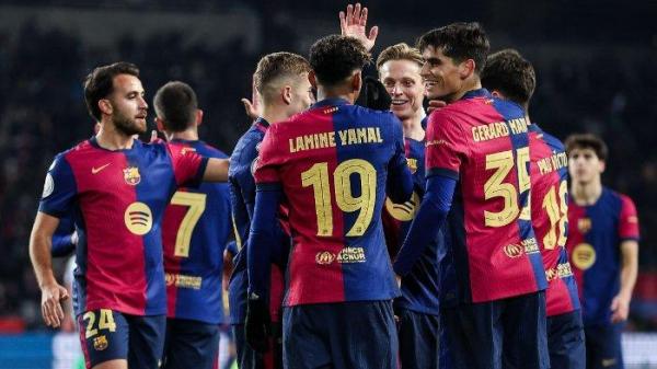 BARCELONA - Momen selebrasi pemain Barcelona setelah mencetak gol ke gawang Real Betis pada 16 besar Copa Del Rey 2024/2025, Kamis (16/1/2025).