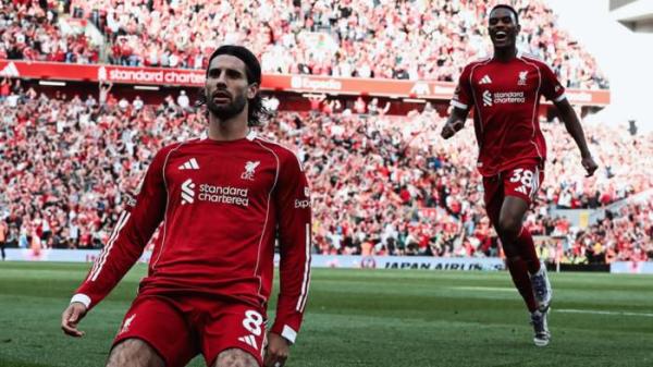 Selebrasi pemain Liverpool, Dominik Szoboszlai saat mencetak gol ke gawang Arsenal dalam matchday ketiga Liga Inggris 2025/2026 yang digelar di Anfield, Senin (1/9/2025) dini hari WIB. (Foto diunduh dari Instagram Liverpool)
