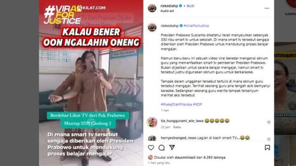 DUA GURU MESRA- Anggota DPR RI Rieke Diah Pitaloka soroti video dua oknum guru yang asik karaoke mesra di sekolah memakai smart tv pemberian dari Presiden RI Prabowo Subianto. 