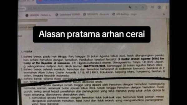 Beredar tangkapan layar isi dokumen gugatan cerai Pratama Arhan pada Azizah Salsha