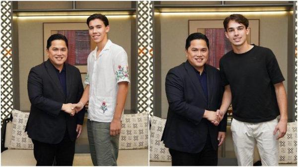 Tim Geypens (kiri) dan Dion Markx (kanan) tengah bersalaman dengan Erick Thohir, menjadi pertanda bahwa Timnas Indonesia akan memiliki dua pemain baru.
