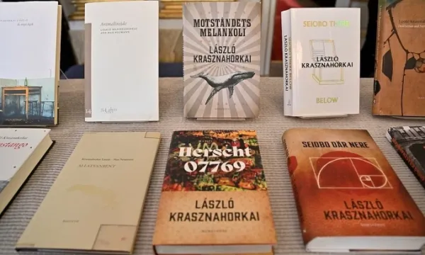 Books by Hungarian author Laszlo Krasznahorkai, who was awarded the 2025 Nobel Prize in Literature, at Borshuset in Stockholm, Sweden, on Oct. 9, 2025. Photo by Reuters