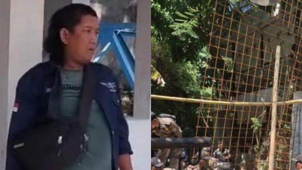TUTUP JALAN UMUM - Tampang Ari Setiawan (45), warga jalan Sinar Mas VII RT 12 RW 1, Kelurahan Kedungmundu, Kecamatan Tembalang, Semarang yang blokade jalur umum warga dan proses pembongkaran oleh Satpol PP yang dilakukan pada Kamis (16/10/2025).