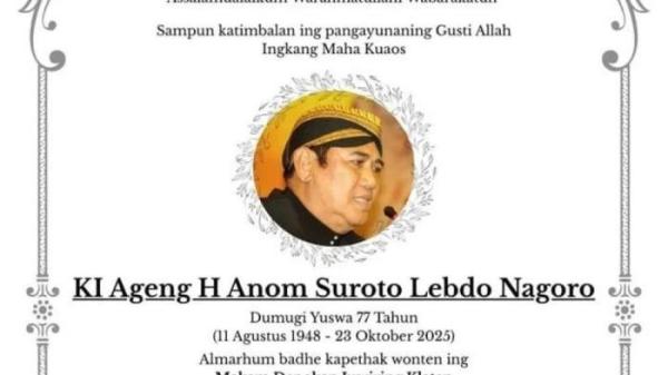 ANOM SUROTO MENINGGAL: Kabar duka datang dari dalang kondang Ki Anom Suroto. Ia meninggal dunia Kamis (23/10/2025) pagi tadi.