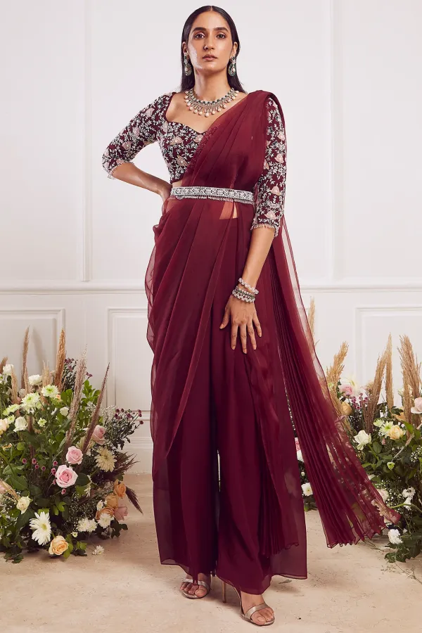 Maroon Georgette Pant Saree Set – SeemaThukral
