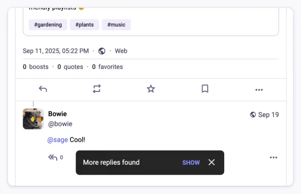 a screenshot showing "more replies found" in response to a quote post.