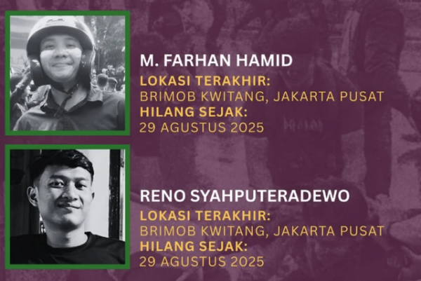 Farhan dan Reno, dua warga yang masih hilang sejak 29 Agustus 2025 saat demo rusuh di Kwitang, Jakpus. Foto: Instagram/@kontras_update