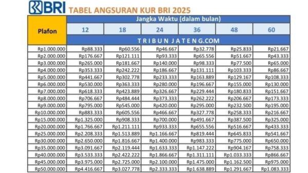 Tabel Angsuran KUR BRI 2025 Rp1-50 Juta