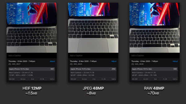 Comparison of image file sizes on iPhone