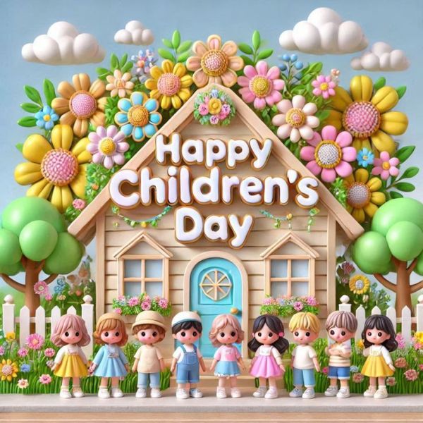 This may contain: children are standing in front of a house with flowers and trees on the roof that says happy children's day