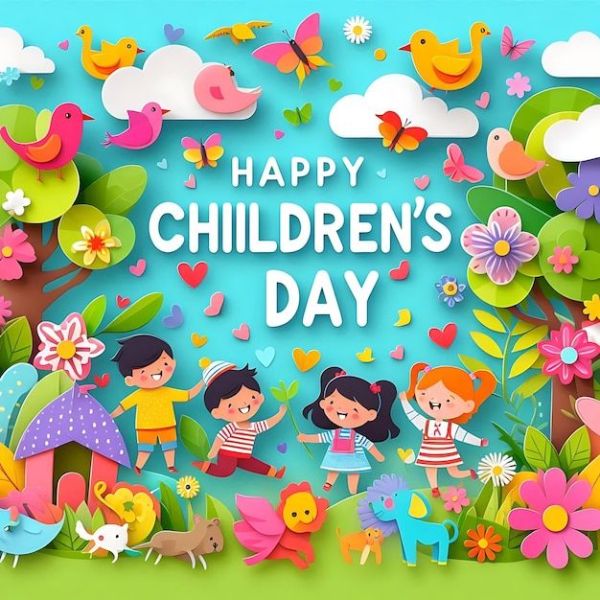 This may contain: children's day card with colorful flowers and birds on blue background, paper art style