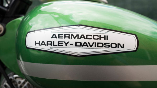 Aermacchi Harley-Davidson logo on the tank of an old Harley motorcycle