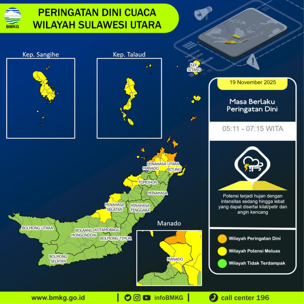 Peringatan dini BMKG cuaca di Sulawesi Utara, Rabu (19/11/2025).
