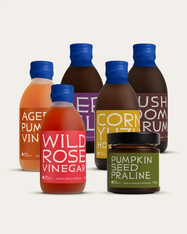 NOMA Projects Flavor Pack with various vinegars and pumpkin seed praline.