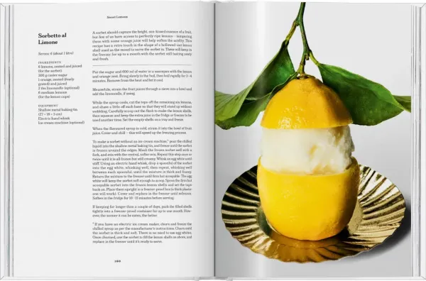 A recipe page for Sorbetto al Limone, featuring a photo of sorbet in a lemon half shell.