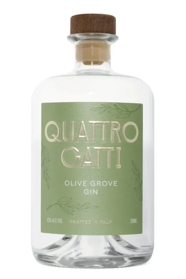 Quattro Gatti Olive Grove Gin bottle with a green label.