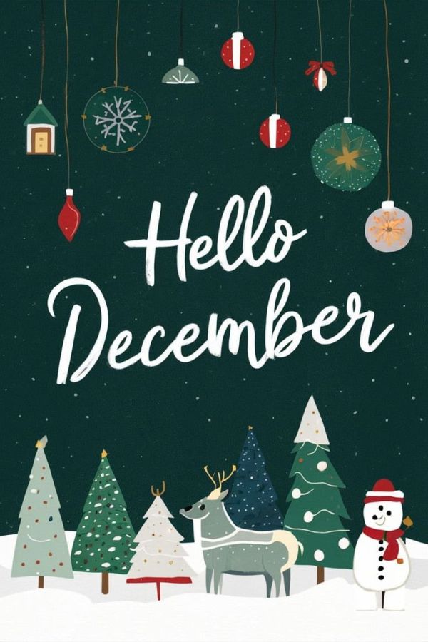 This may contain: a christmas card with the words hello december written in white and surrounded by holiday decorations