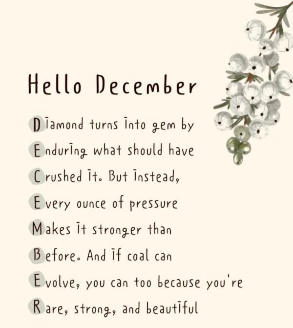 This may contain: a poem written in the language hello december with flowers and leaves on white paper background
