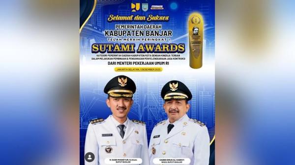 SUTAMI AWARDS- Penghargaan Terbaik 1 Sutami Awards diperoleh Pemkab Banjar dalam hal ini Bupati Banjar H Saidi Mansyur yang diwakili oleh  Kepala Dinas PUPRP Banjar Ir. Hj. Anna Rosida Santi, ST., MT., mewakili Bupati Banjar, menerimakan penghargaan yang diserahkan langsung oleh 
Menteri Pekerjaan Umum Ir. Dody Hanggodo, M.PE di Jakarta.