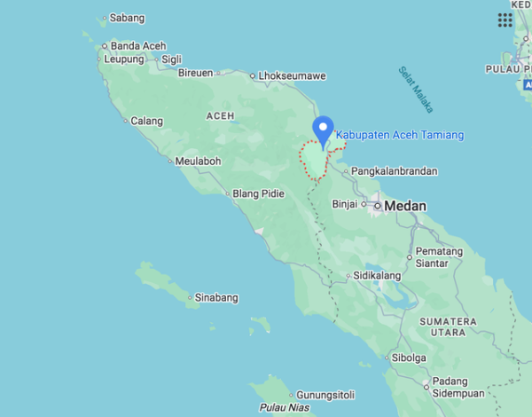 Aceh Tamiang, salah satu kabupaten di Provinsi Aceh, yang terkena banjir-longsor pada akhir November 2025. Foto: Google Maps
