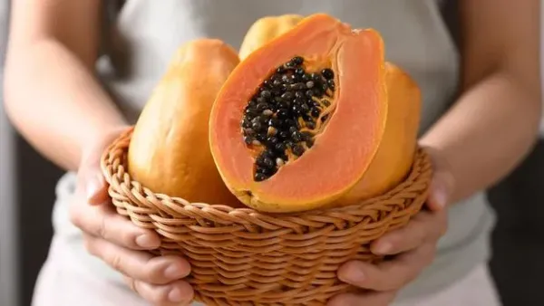 Ripe papaya fruit in a basket holding by woman hand, Tropical fruit